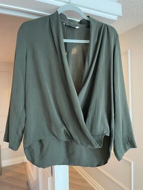 Zara Olive Green Draped V-Neck Blouse - Size M